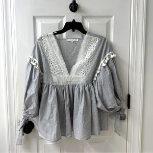 English Factory Elegant Light Blue Lace Trim Blouse Cover Up